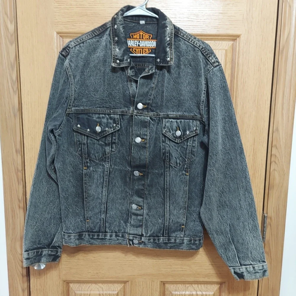 Vintage 80s USA Harley Davidson Eagle Black Denim Biker Jacket Mens Medium‎